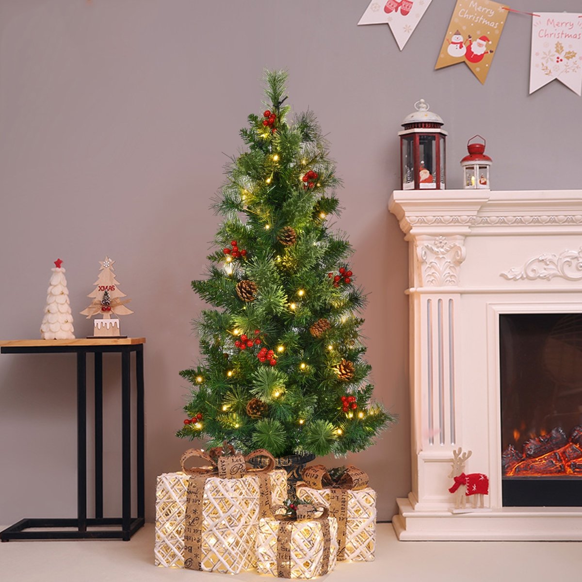 3 FT Pre-Lit Entrance Christmas Tree in Decorative Urn with 40 LED Lights, Red Berries and Pine Cones