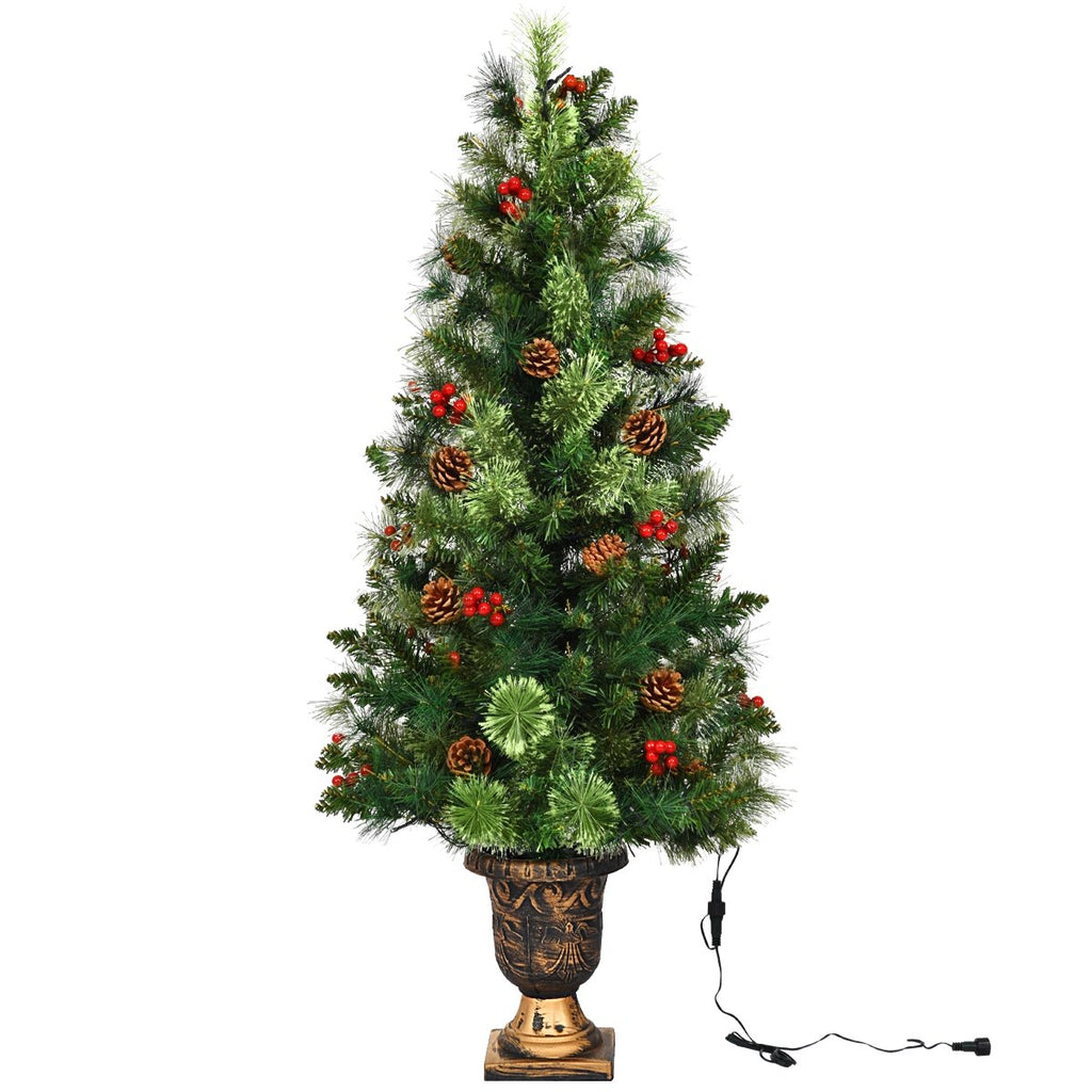 3 FT Pre-Lit Entrance Christmas Tree in Decorative Urn with 40 LED Lights, Red Berries and Pine Cones