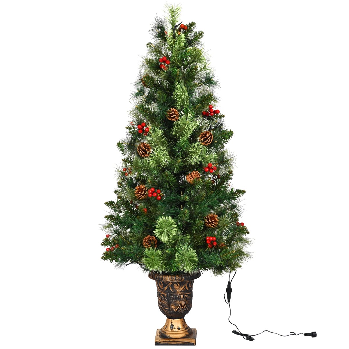 3 FT Pre-Lit Entrance Christmas Tree in Decorative Urn with 40 LED Lights, Red Berries and Pine Cones