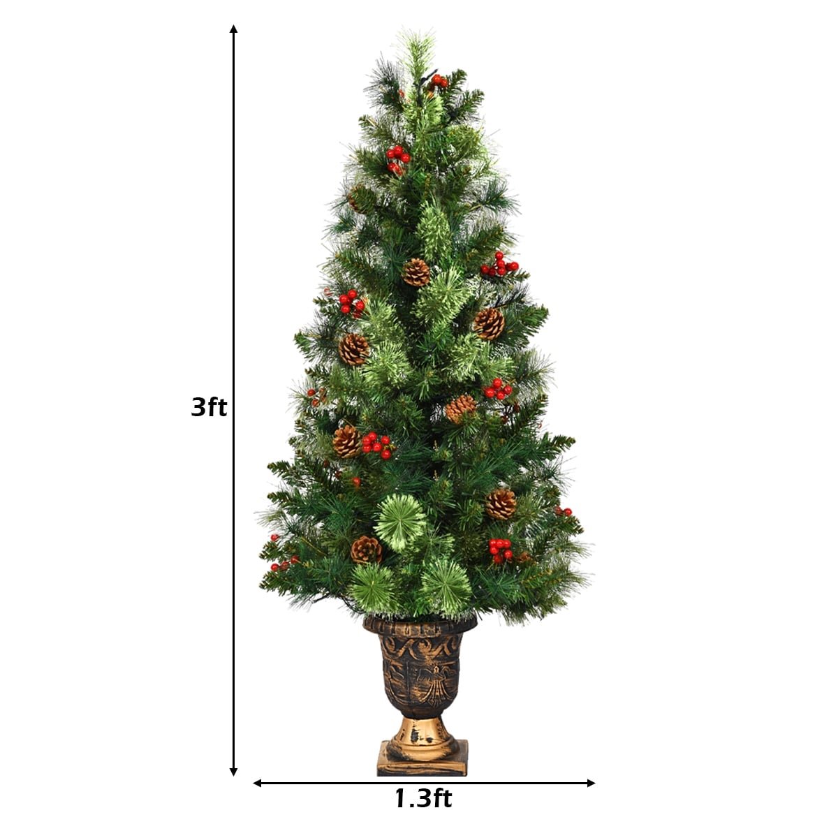 3 FT Pre-Lit Entrance Christmas Tree in Decorative Urn with 40 LED Lights, Red Berries and Pine Cones