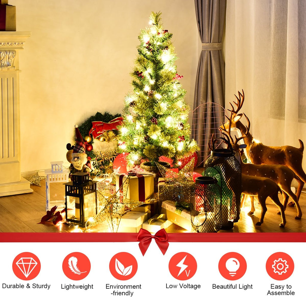 3 FT Pre-Lit Entrance Christmas Tree in Decorative Urn with 40 LED Lights, Red Berries and Pine Cones