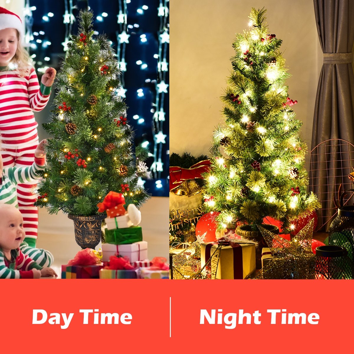 3 FT Pre-Lit Entrance Christmas Tree in Decorative Urn with 40 LED Lights, Red Berries and Pine Cones