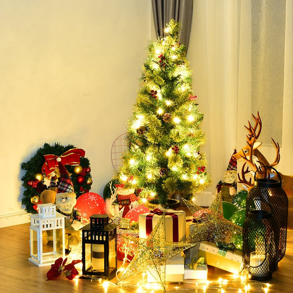 3 FT Pre-Lit Entrance Christmas Tree in Decorative Urn with 40 LED Lights, Red Berries and Pine Cones