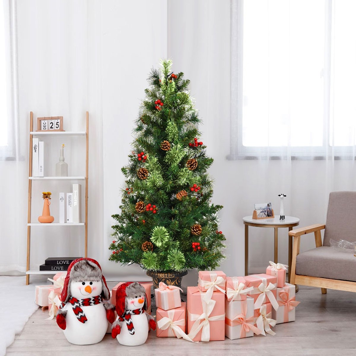 3 FT Pre-Lit Entrance Christmas Tree in Decorative Urn with 40 LED Lights, Red Berries and Pine Cones