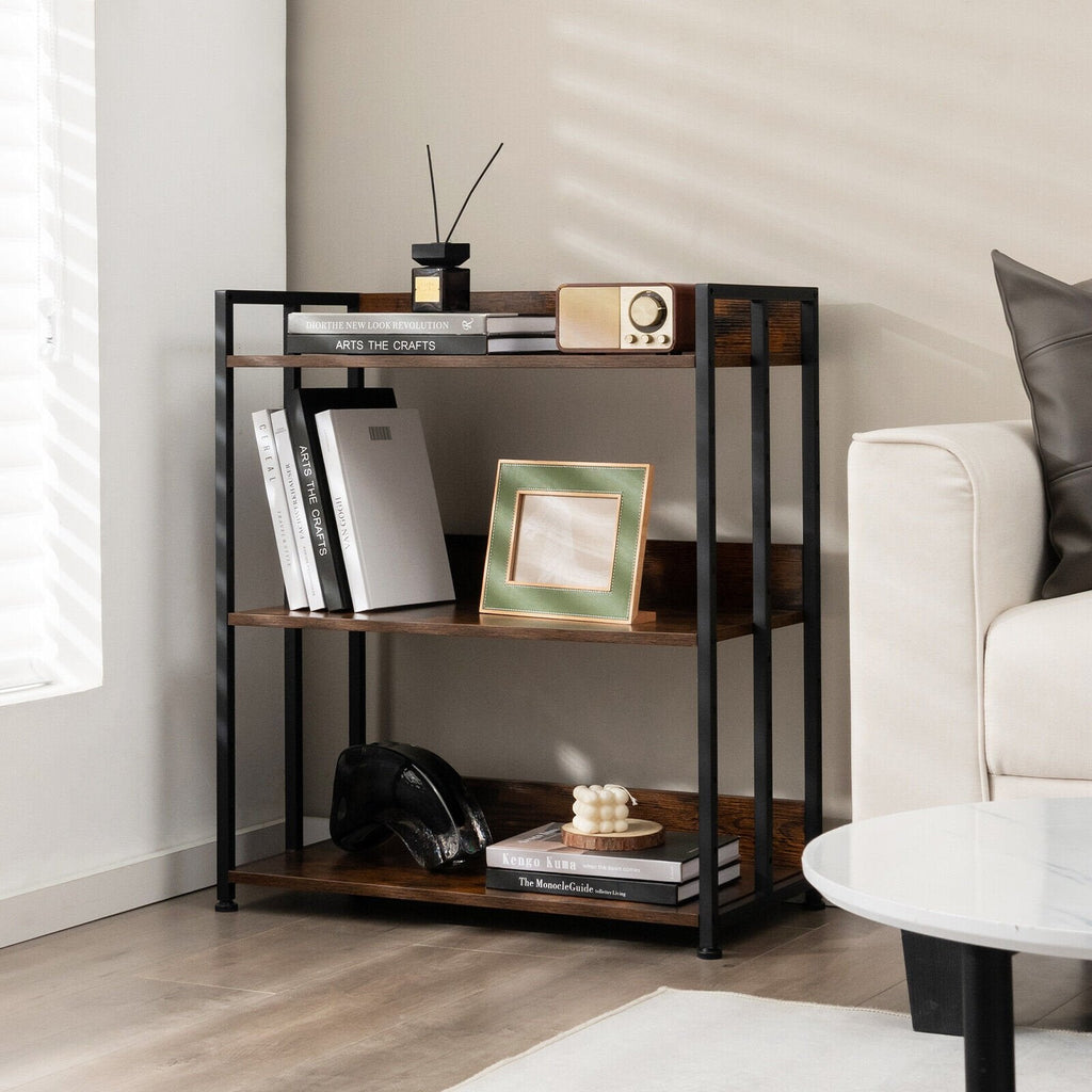 3 Tier Industrial Bookshelf with Adjustable Shelves, Storage and Display Rack, Rustic Brown
