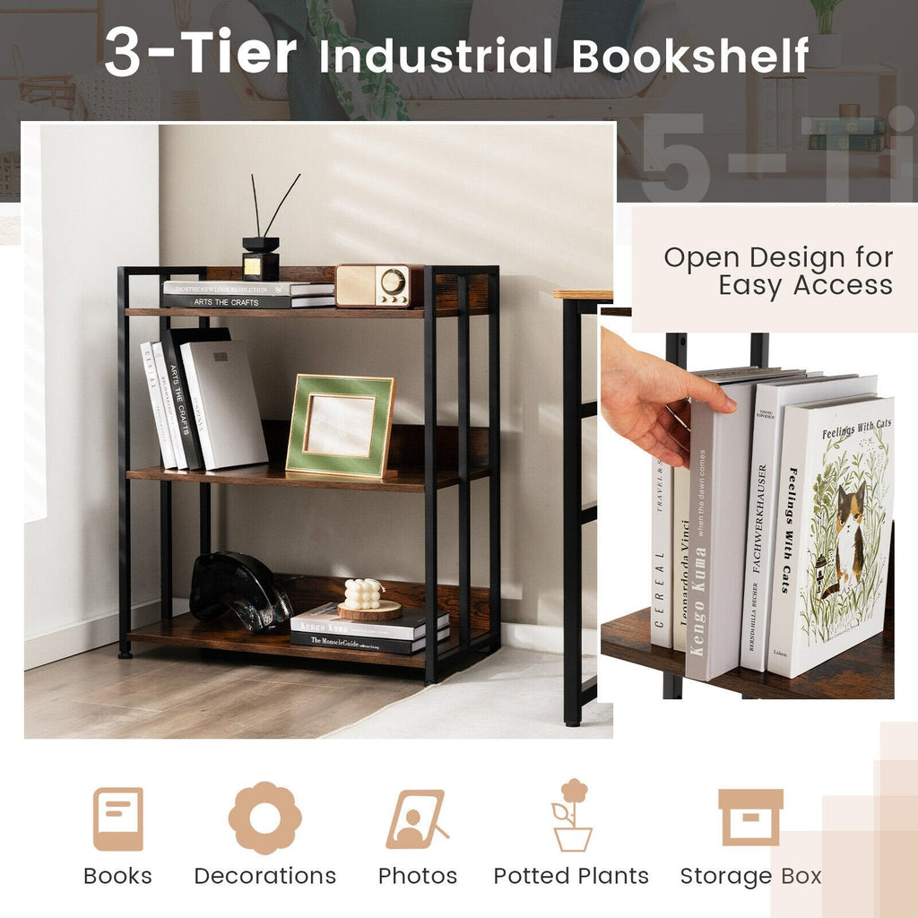 3 Tier Industrial Bookshelf with Adjustable Shelves, Storage and Display Rack, Rustic Brown