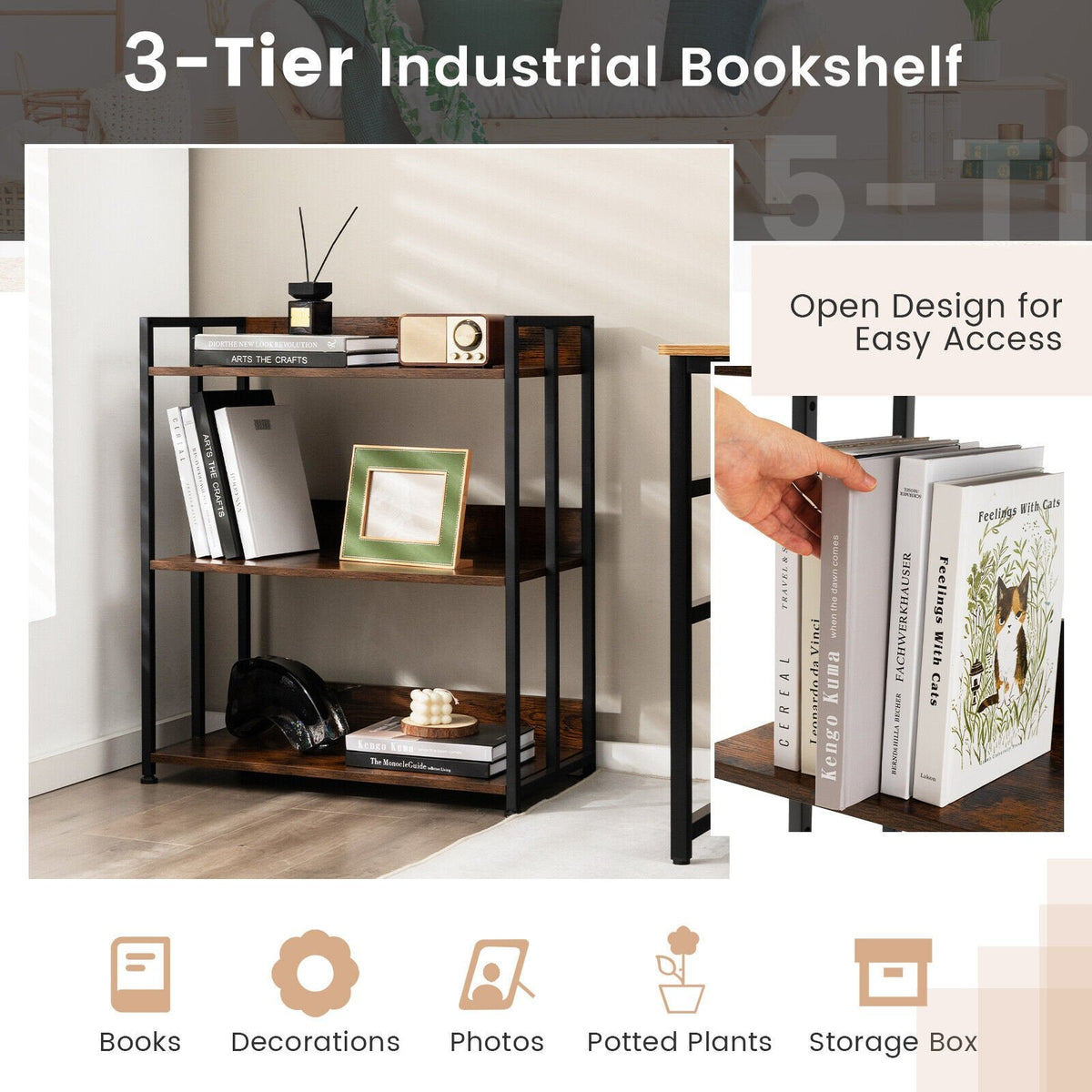 3 Tier Industrial Bookshelf with Adjustable Shelves, Storage and Display Rack, Rustic Brown