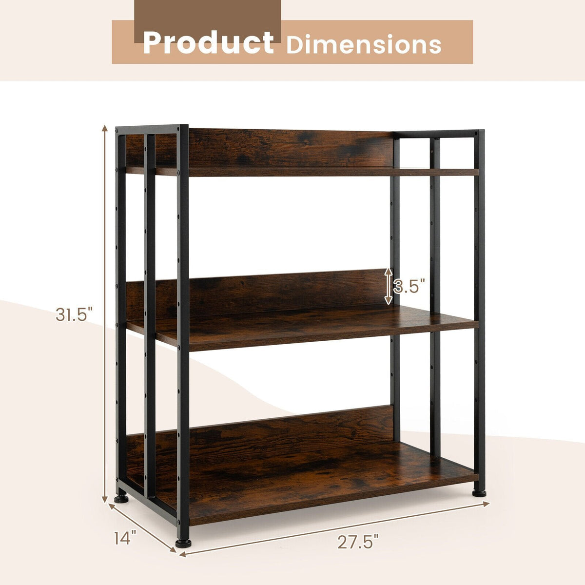 3 Tier Industrial Bookshelf with Adjustable Shelves, Storage and Display Rack, Rustic Brown