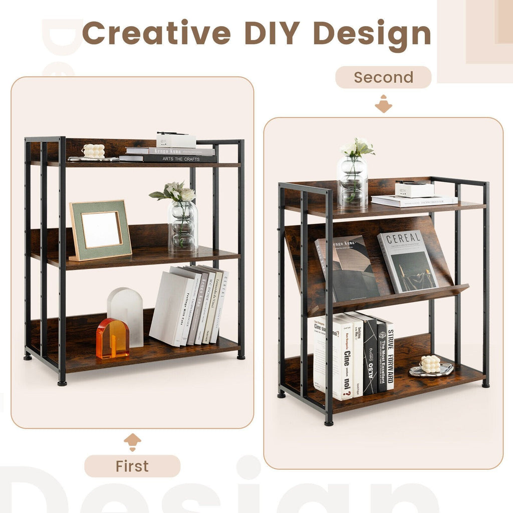 3 Tier Industrial Bookshelf with Adjustable Shelves, Storage and Display Rack, Rustic Brown