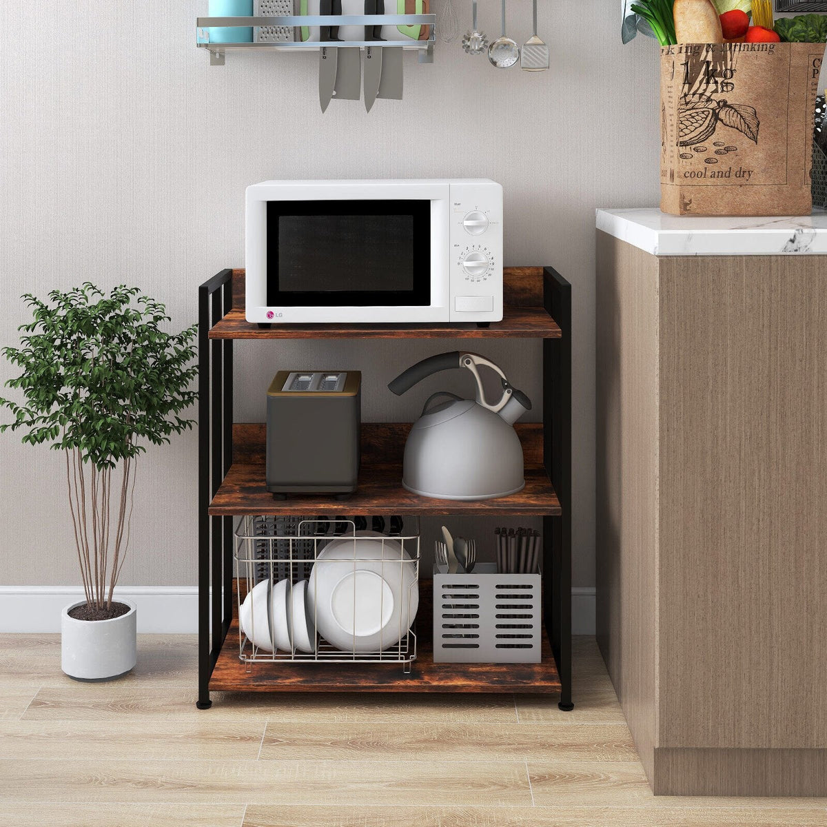 3 Tier Industrial Bookshelf with Adjustable Shelves, Storage and Display Rack, Rustic Brown