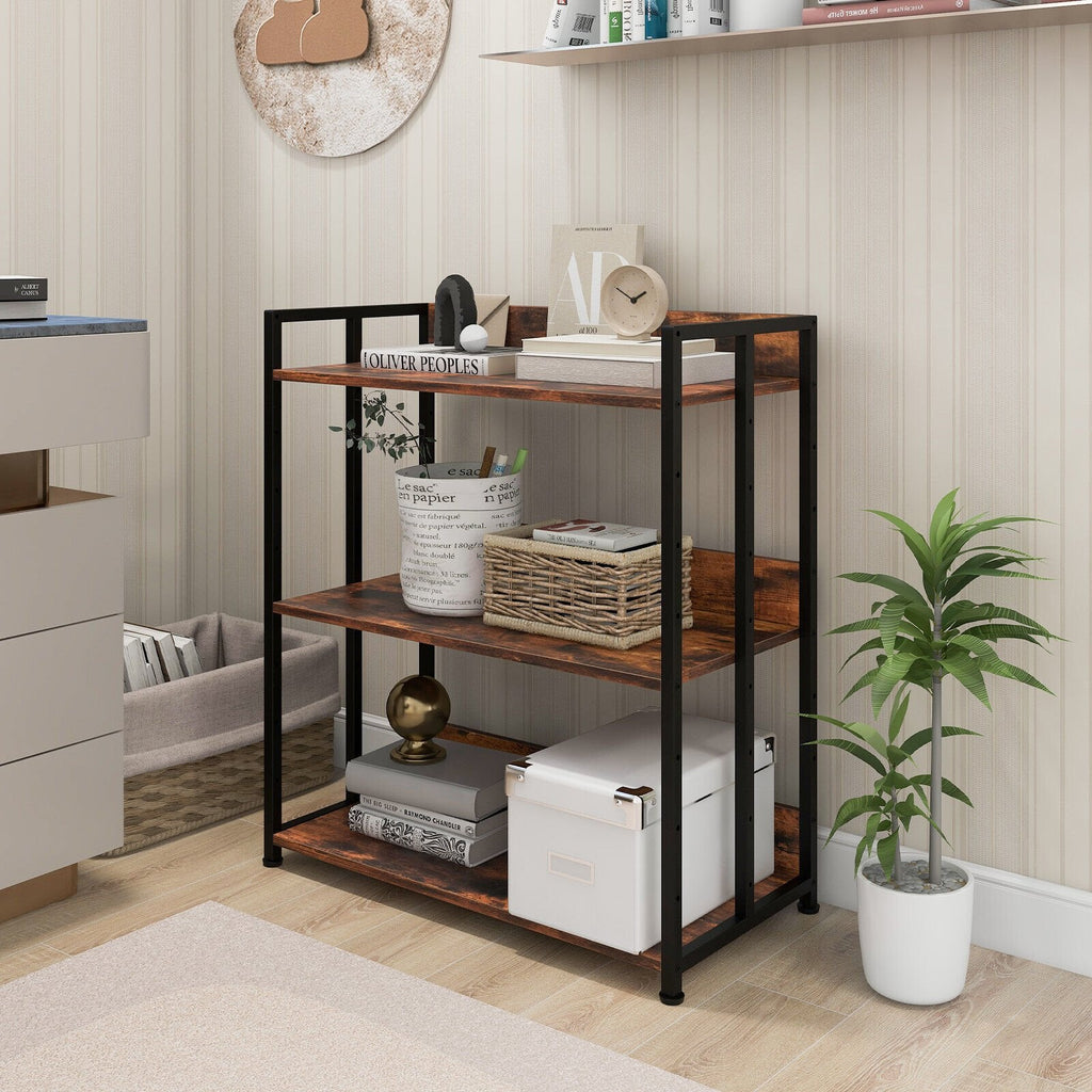 3 Tier Industrial Bookshelf with Adjustable Shelves, Storage and Display Rack, Rustic Brown