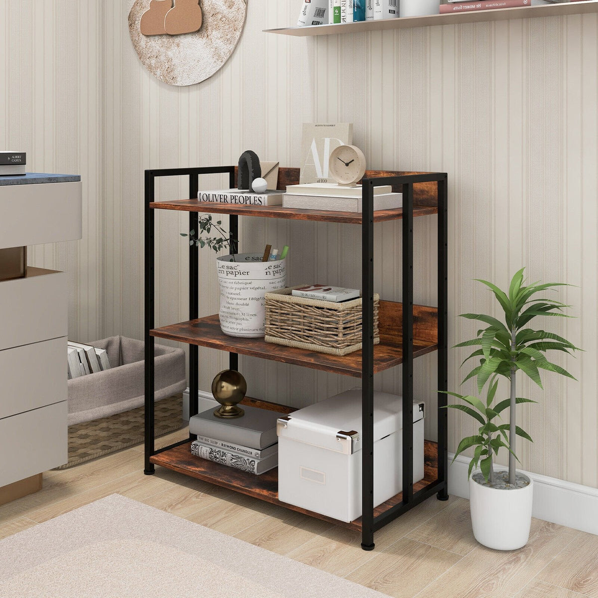 3 Tier Industrial Bookshelf with Adjustable Shelves, Storage and Display Rack, Rustic Brown