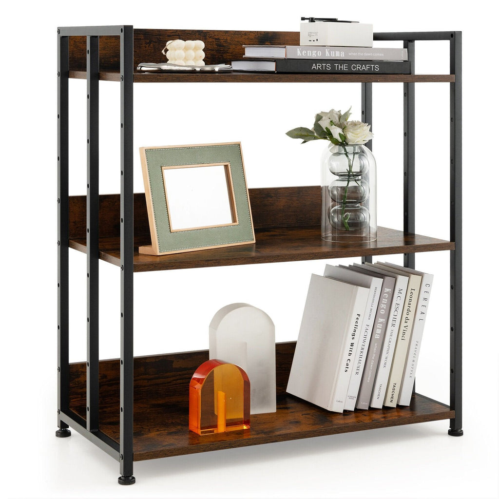 3 Tier Industrial Bookshelf with Adjustable Shelves, Storage and Display Rack, Rustic Brown