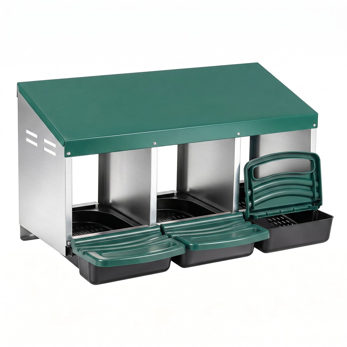 3-Compartment Roll Away Chicken Nesting Box for Egg Collection with Removable Trays and Landing Steps-Green