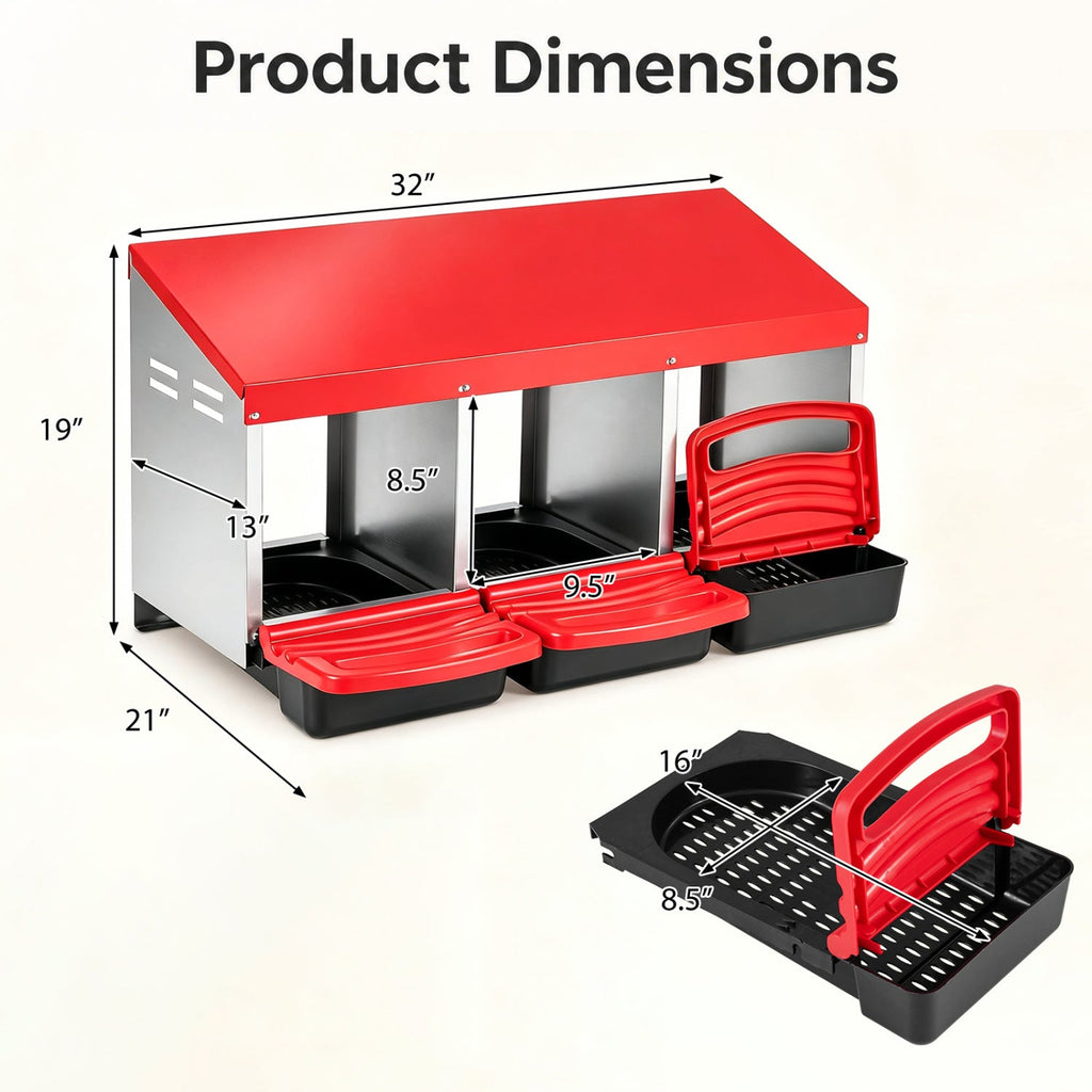 3-Compartment Roll Away Chicken Nesting Box for Egg Collection with Removable Trays and Landing Steps-Red