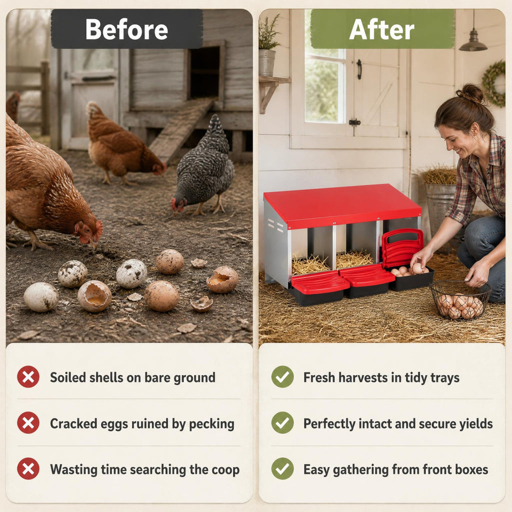 3-Compartment Roll Away Chicken Nesting Box for Egg Collection with Removable Trays and Landing Steps-Red