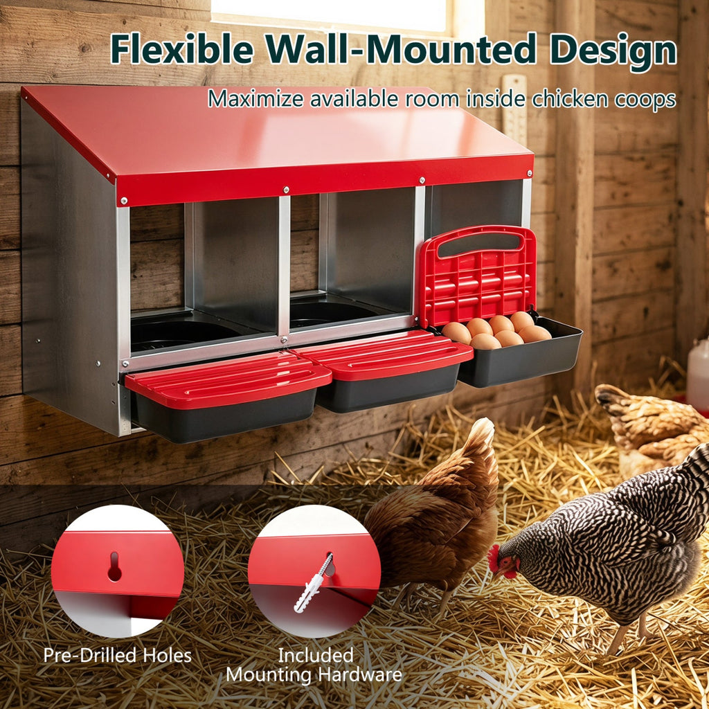 3-Compartment Roll Away Metal Chicken Nesting Box for Hens-Red