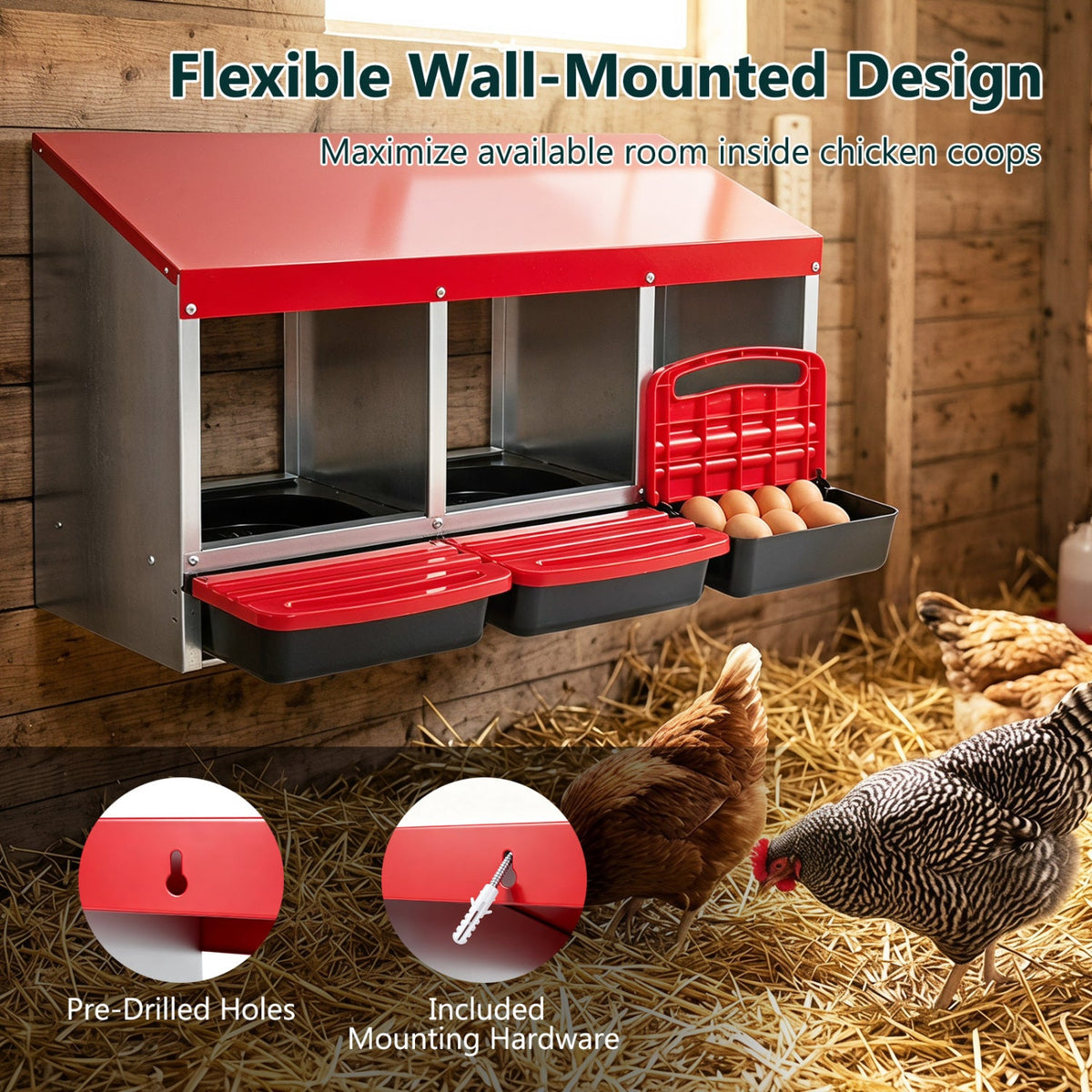 3-Compartment Roll Away Metal Chicken Nesting Box for Hens-Red