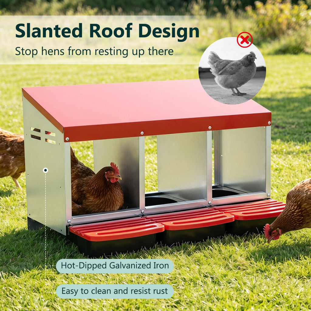 3-Compartment Roll Away Metal Chicken Nesting Box for Hens-Red