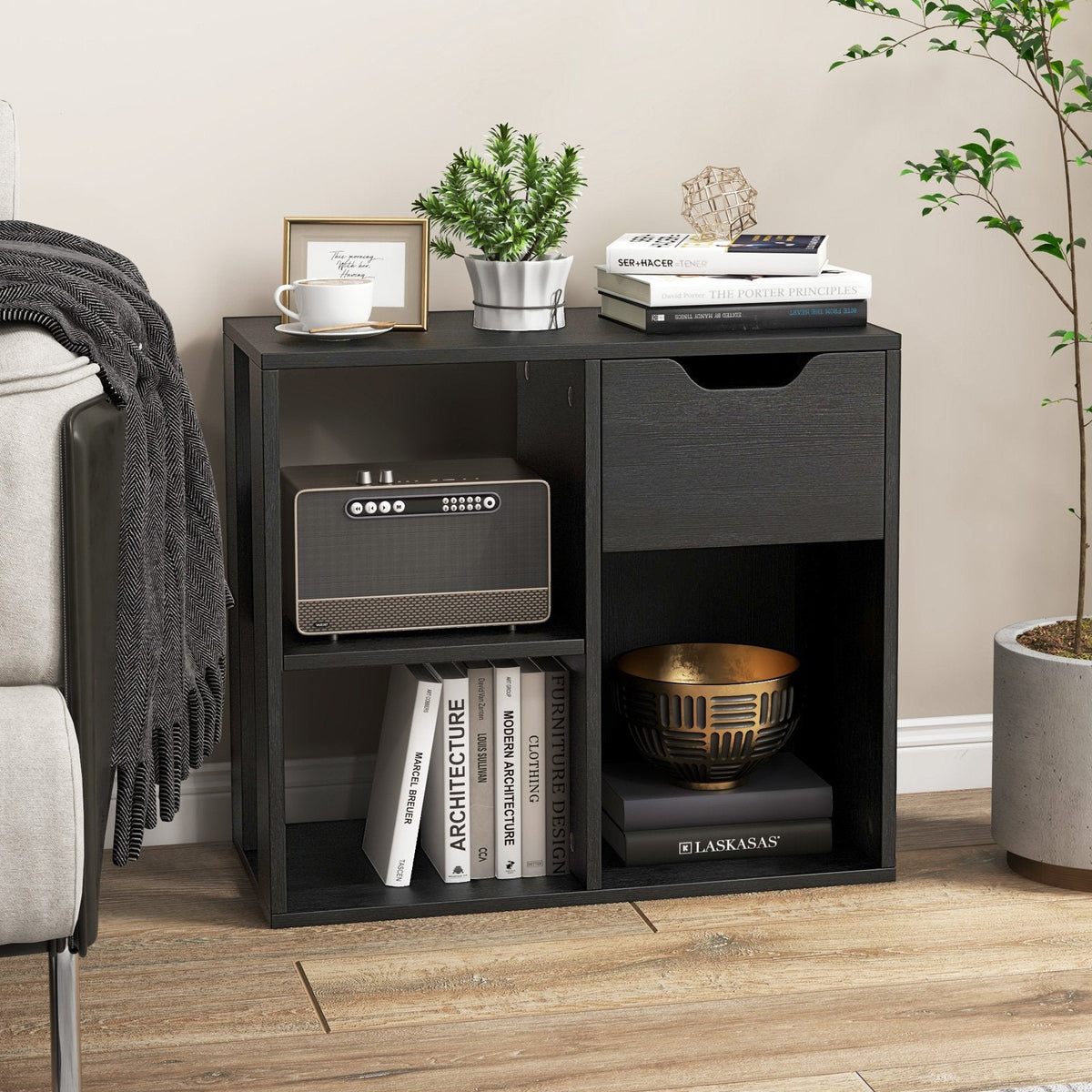 3-Cube Bookcase 2-tier Wooden Storage Shelf with Pull-out Drawer-Black