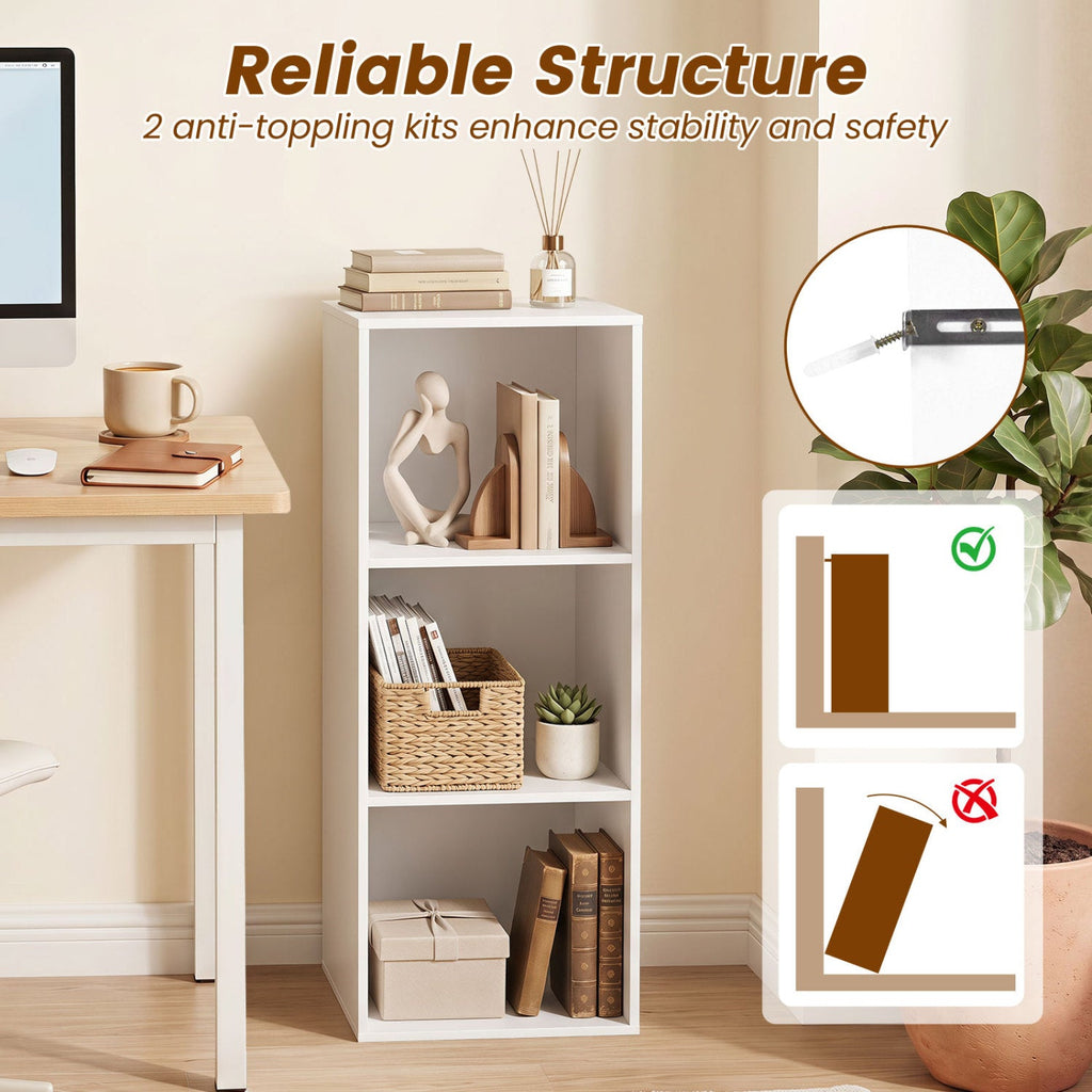 3-Cube Bookcase with 2 Anti-tipping Kits and Cubby Storage Organizer for Home Office-White