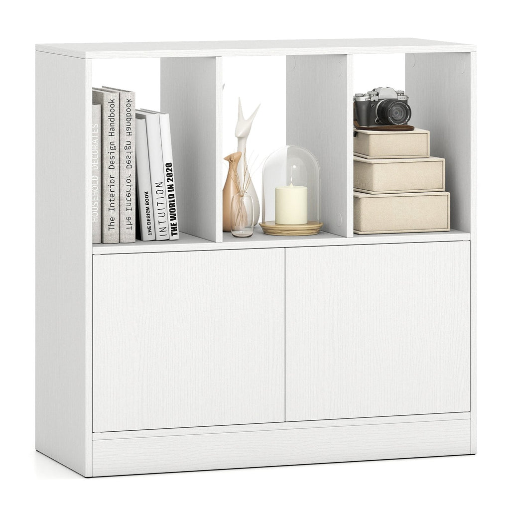 3-Cube Bookcase with Doors 3-Tier Cubic Bookshelf with Open Compartments and Cabinet-White