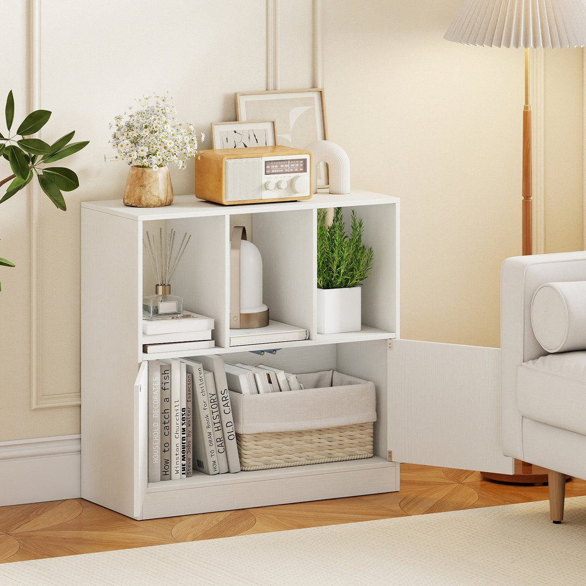 3-Cube Bookcase with Doors 3-Tier Cubic Bookshelf with Open Compartments and Cabinet-White