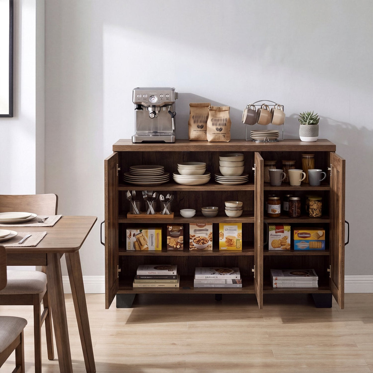 3-Door Buffet Sideboard with Adjustable Shelves and Anti-Tipping Kits-Brown