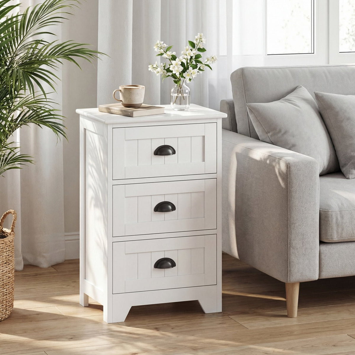 3-Drawer Storage Nightstand with Fluted Fronts and Cup Handles, White