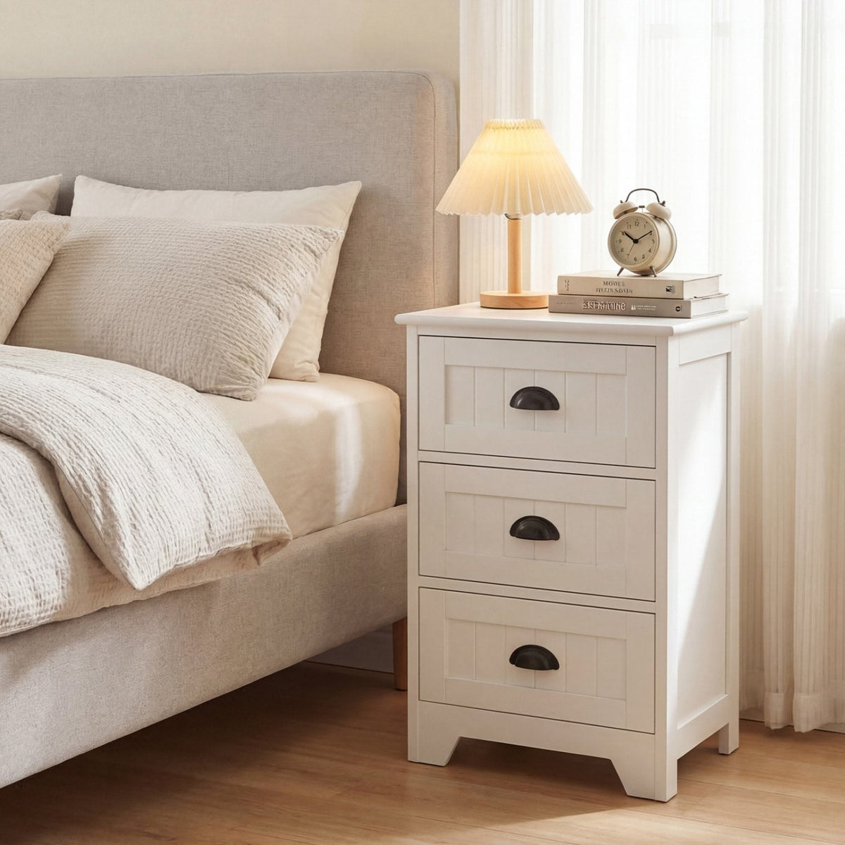 3-Drawer Storage Nightstand with Fluted Fronts and Cup Handles, White