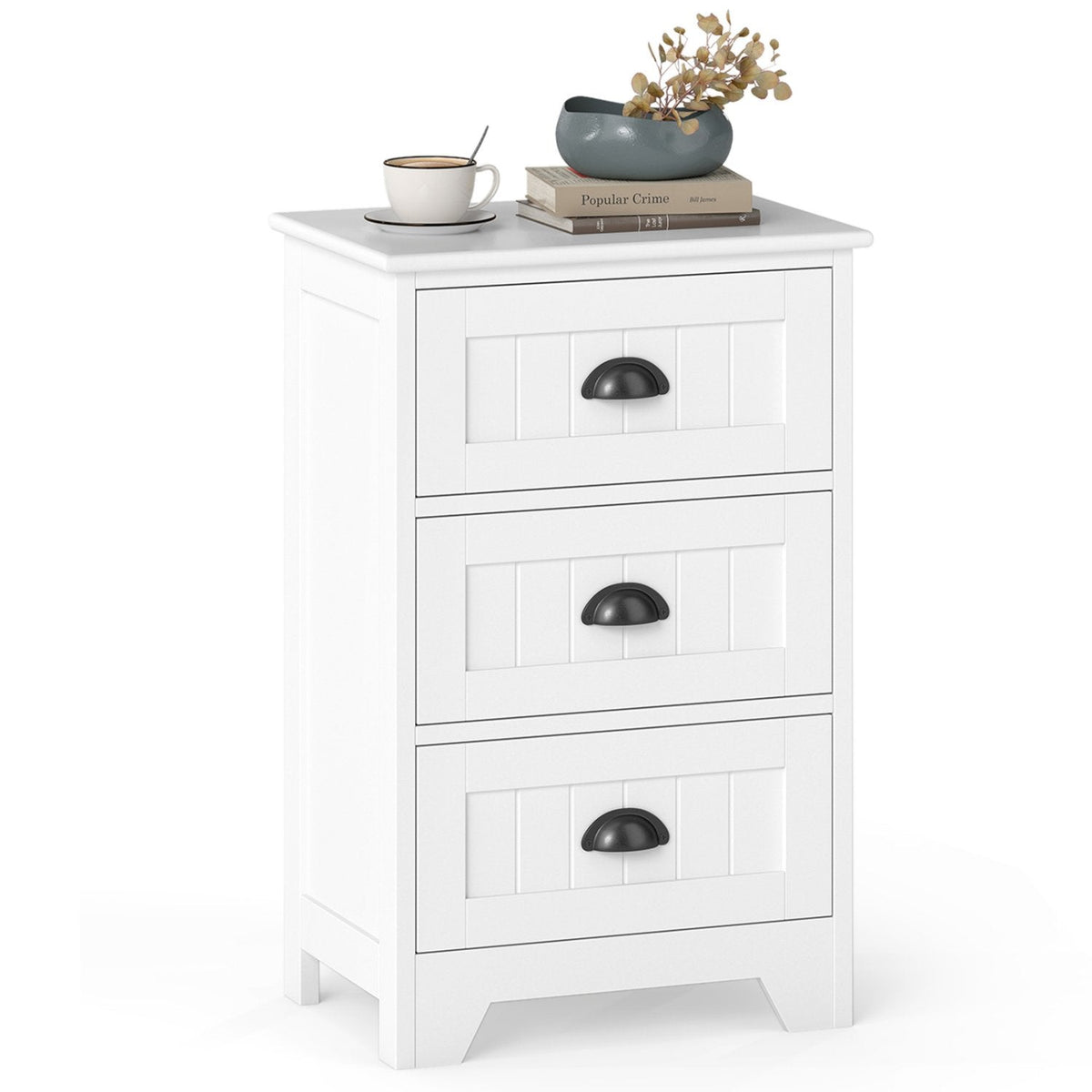 3-Drawer Storage Nightstand with Fluted Fronts and Cup Handles, White
