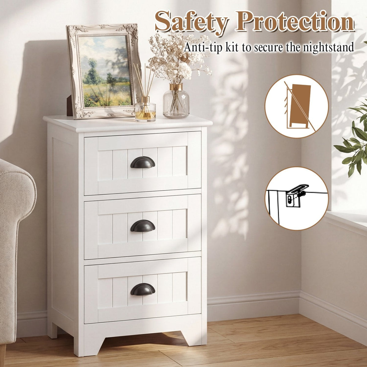3-Drawer Storage Nightstand with Fluted Fronts and Cup Handles, White