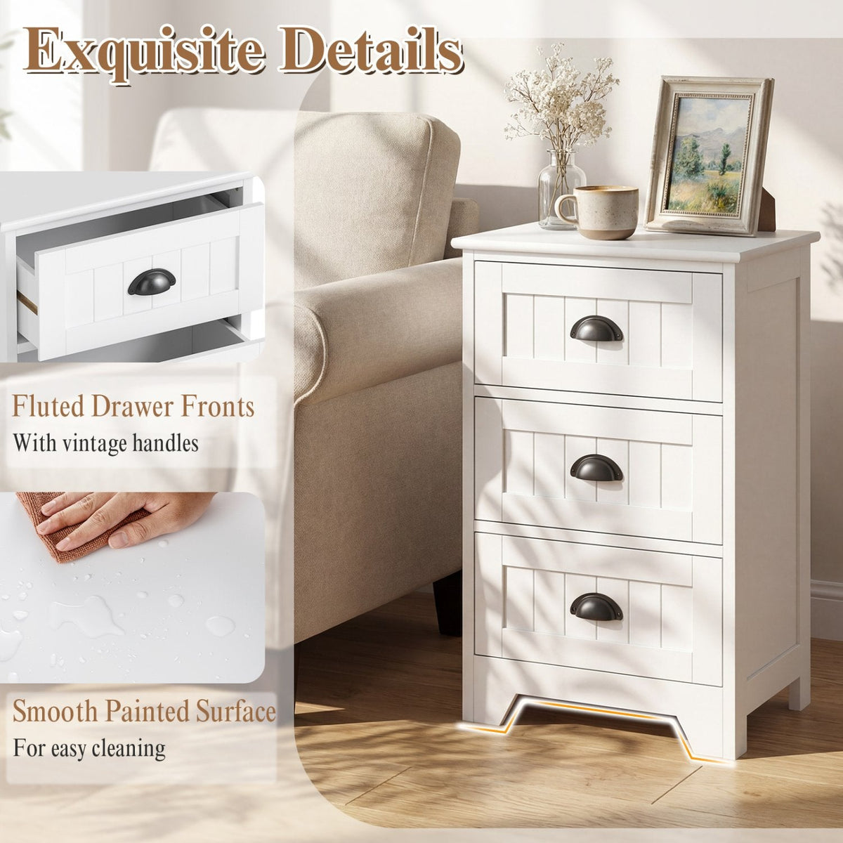 3-Drawer Storage Nightstand with Fluted Fronts and Cup Handles, White
