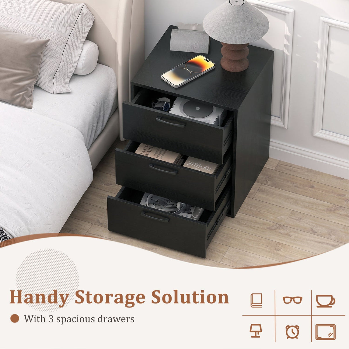 3 Drawer Nightstand with Wood Grain Finish and Storage for Living Room Bedroom Study-Black