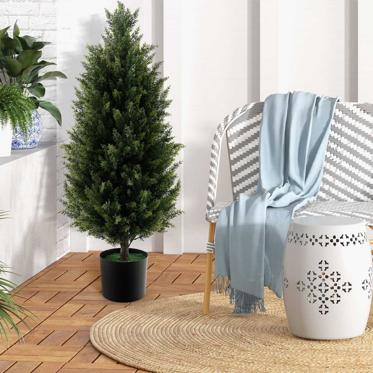 3 Feet Artificial Topiary Cedar Tree with Cement Plastic Pot and Faux Moss-Green