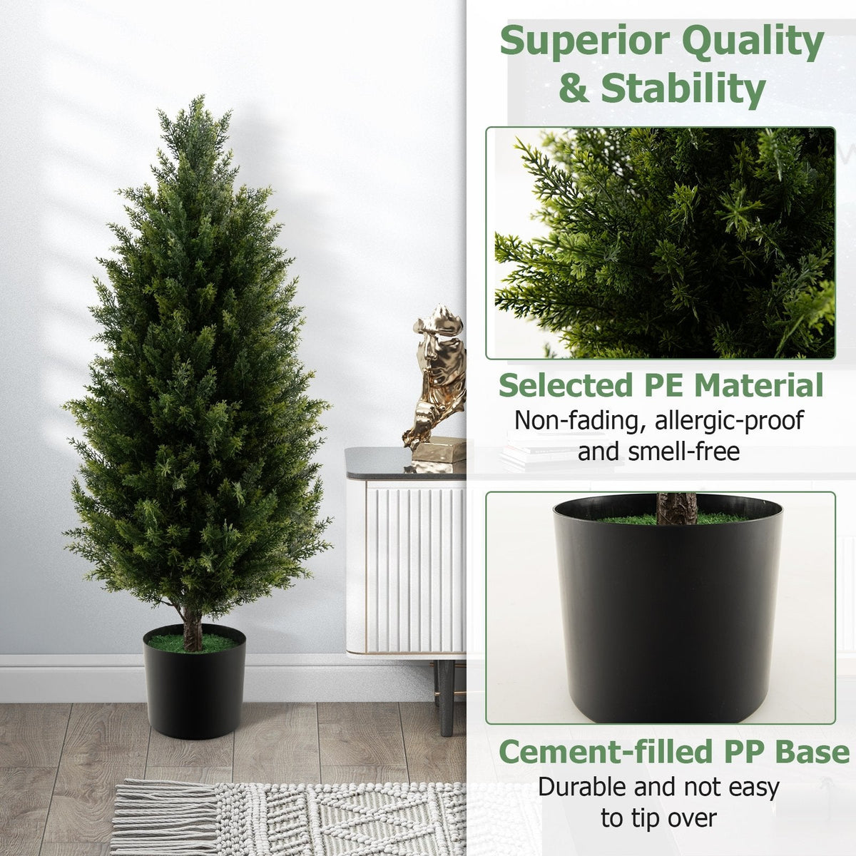 3 Feet Artificial Topiary Cedar Tree with Cement Plastic Pot and Faux Moss-Green