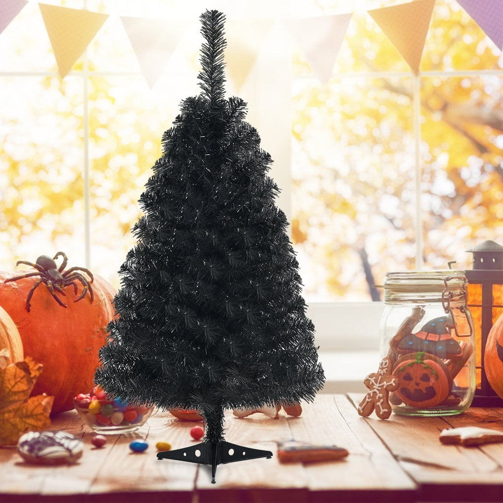 3 FT Black Artificial Tabletop Tree with 116 Branch Tips and Plastic Stand for Halloween and Christmas