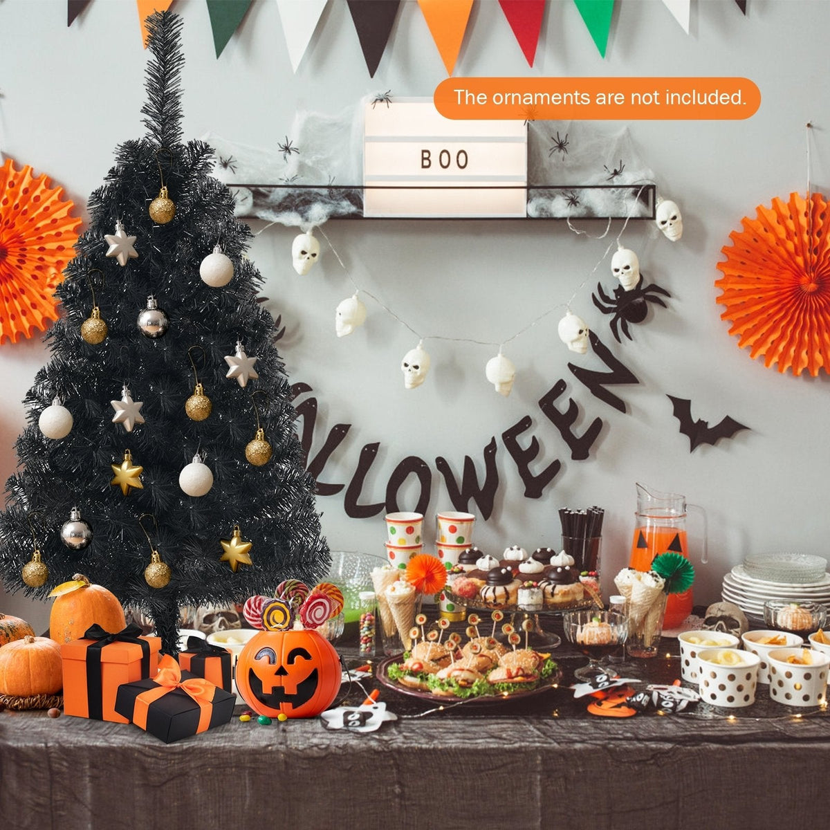 3 FT Black Artificial Tabletop Tree with 116 Branch Tips and Plastic Stand for Halloween and Christmas