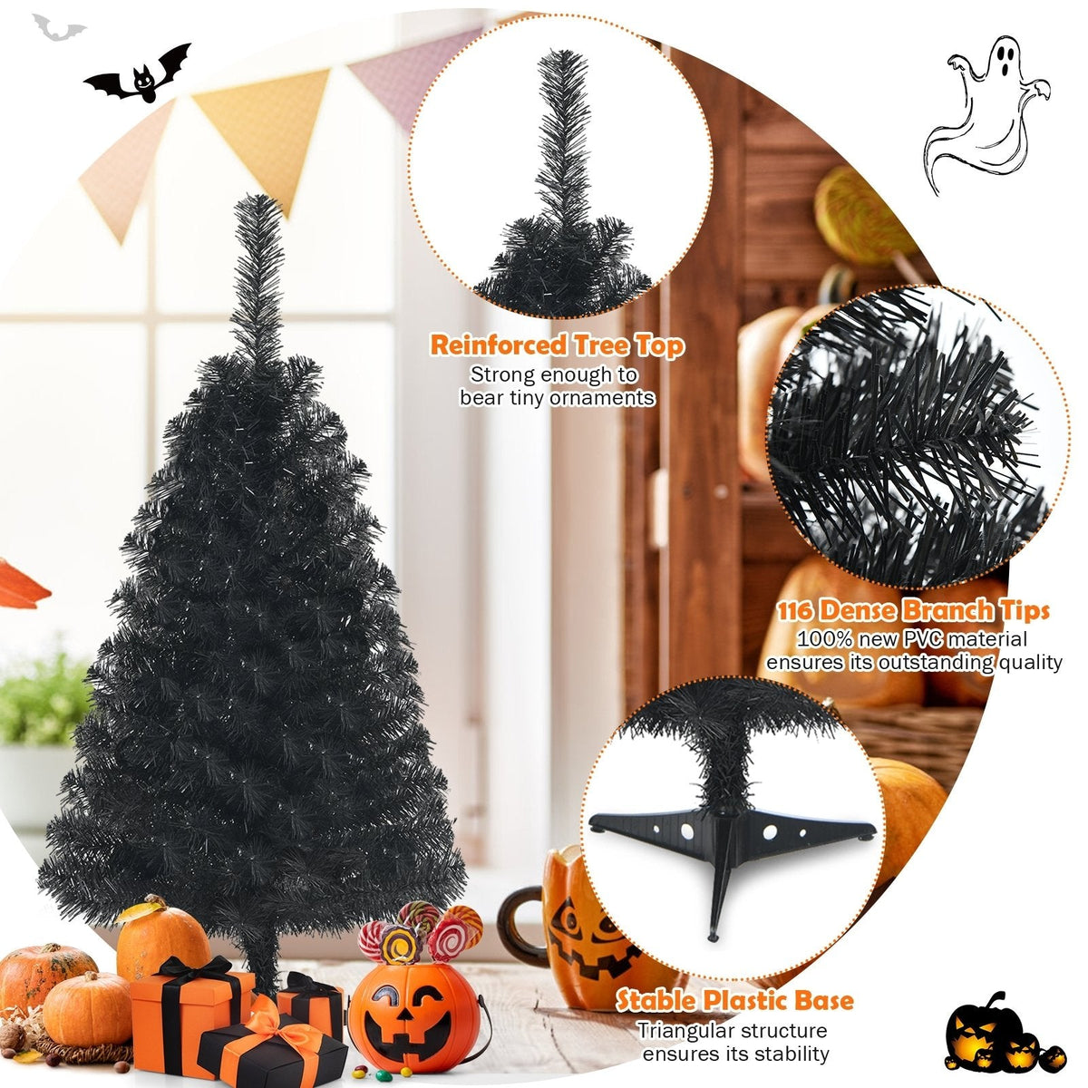 3 FT Black Artificial Tabletop Tree with 116 Branch Tips and Plastic Stand for Halloween and Christmas