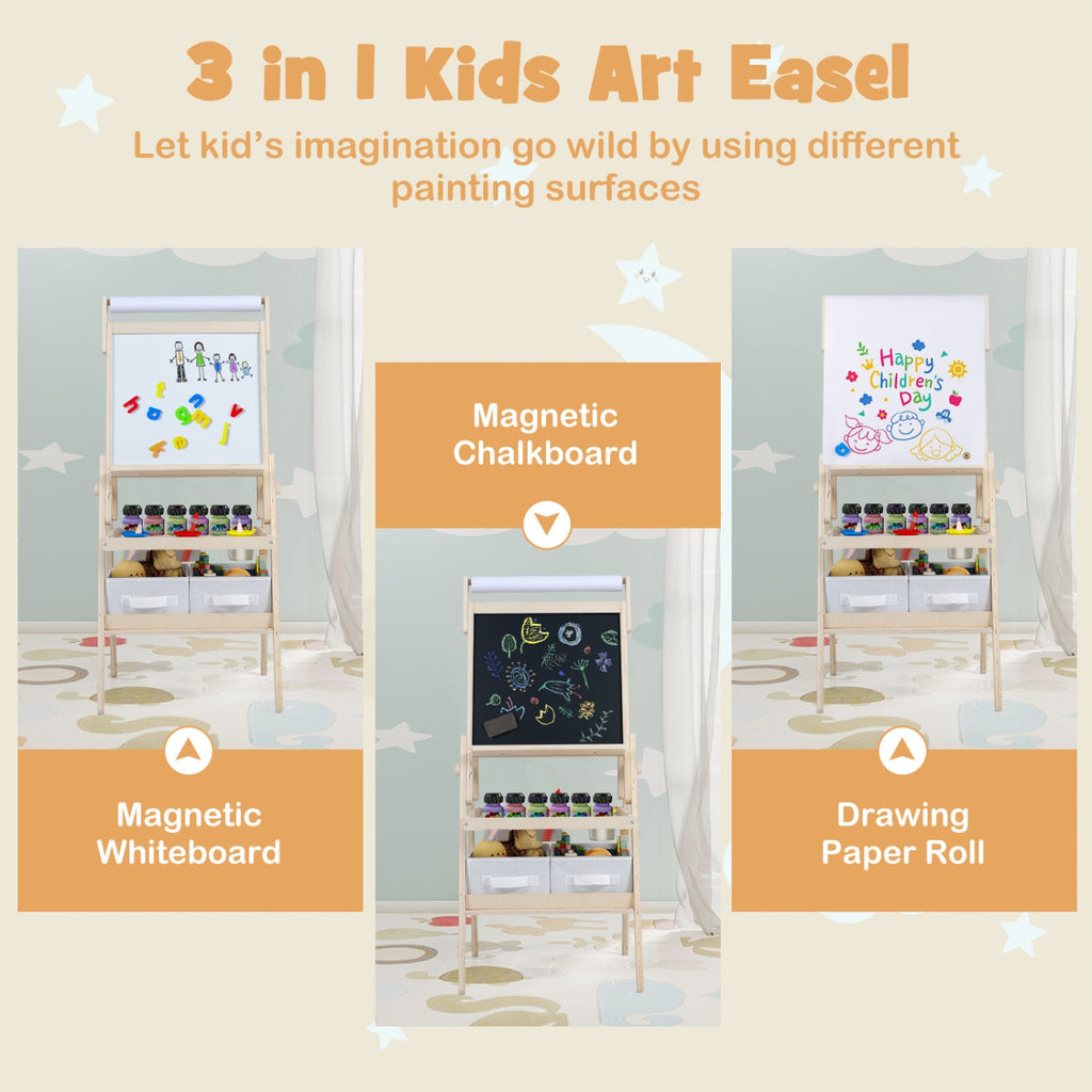 3-in-1 Art Easel for Kids with Magnetic Chalkboard and Whiteboard-Natrual