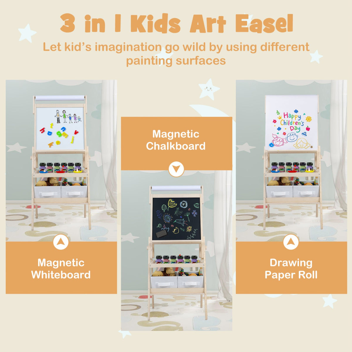 3-in-1 Art Easel for Kids with Magnetic Chalkboard and Whiteboard-Natrual