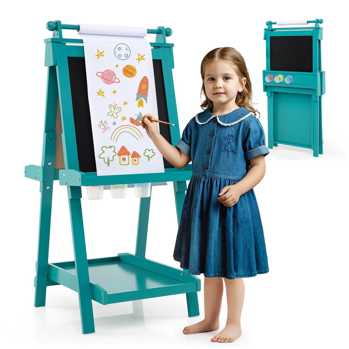 3-in-1 Double-sided Art Easel with Chalkboard and Magnetic Whiteboard-Green
