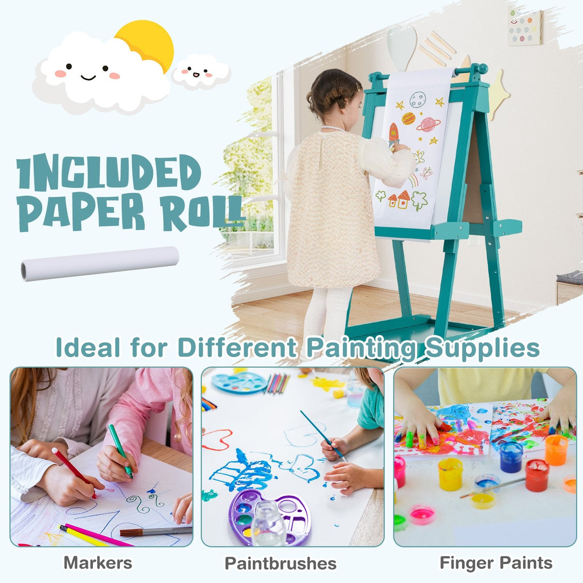 3-in-1 Double-sided Art Easel with Chalkboard and Magnetic Whiteboard-Green