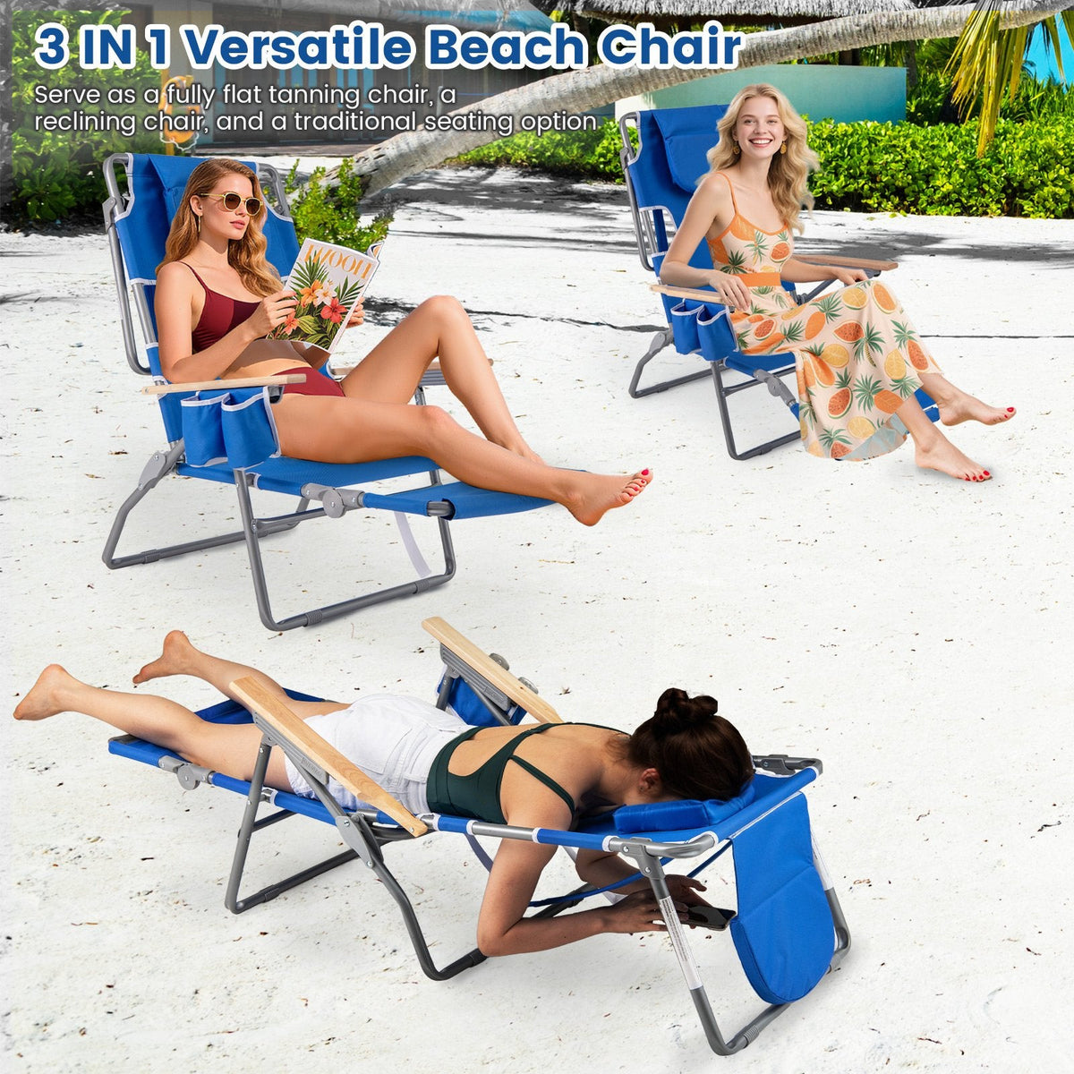 3-IN-1 Foldable Beach Chair with Footrest and Adjustable Backrest-Navy