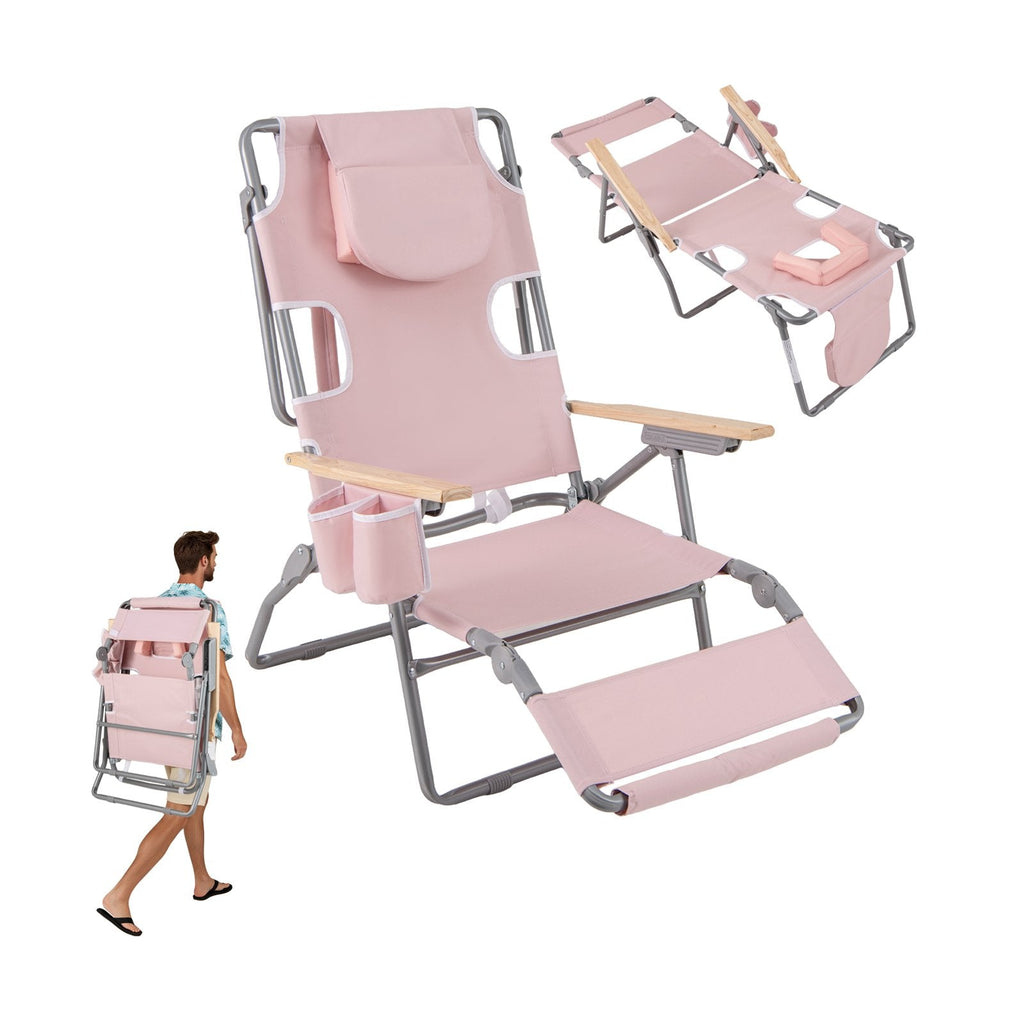 3-IN-1 Foldable Beach Chair with Footrest and Adjustable Backrest-Pink