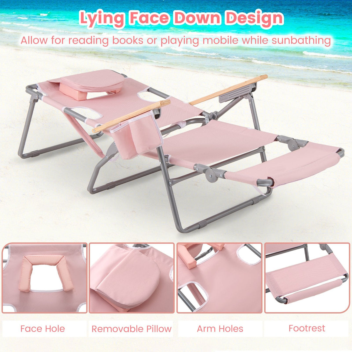 3-IN-1 Foldable Beach Chair with Footrest and Adjustable Backrest-Pink