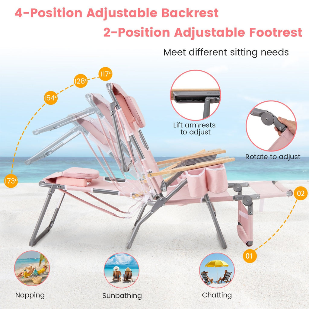 3-IN-1 Foldable Beach Chair with Footrest and Adjustable Backrest-Pink