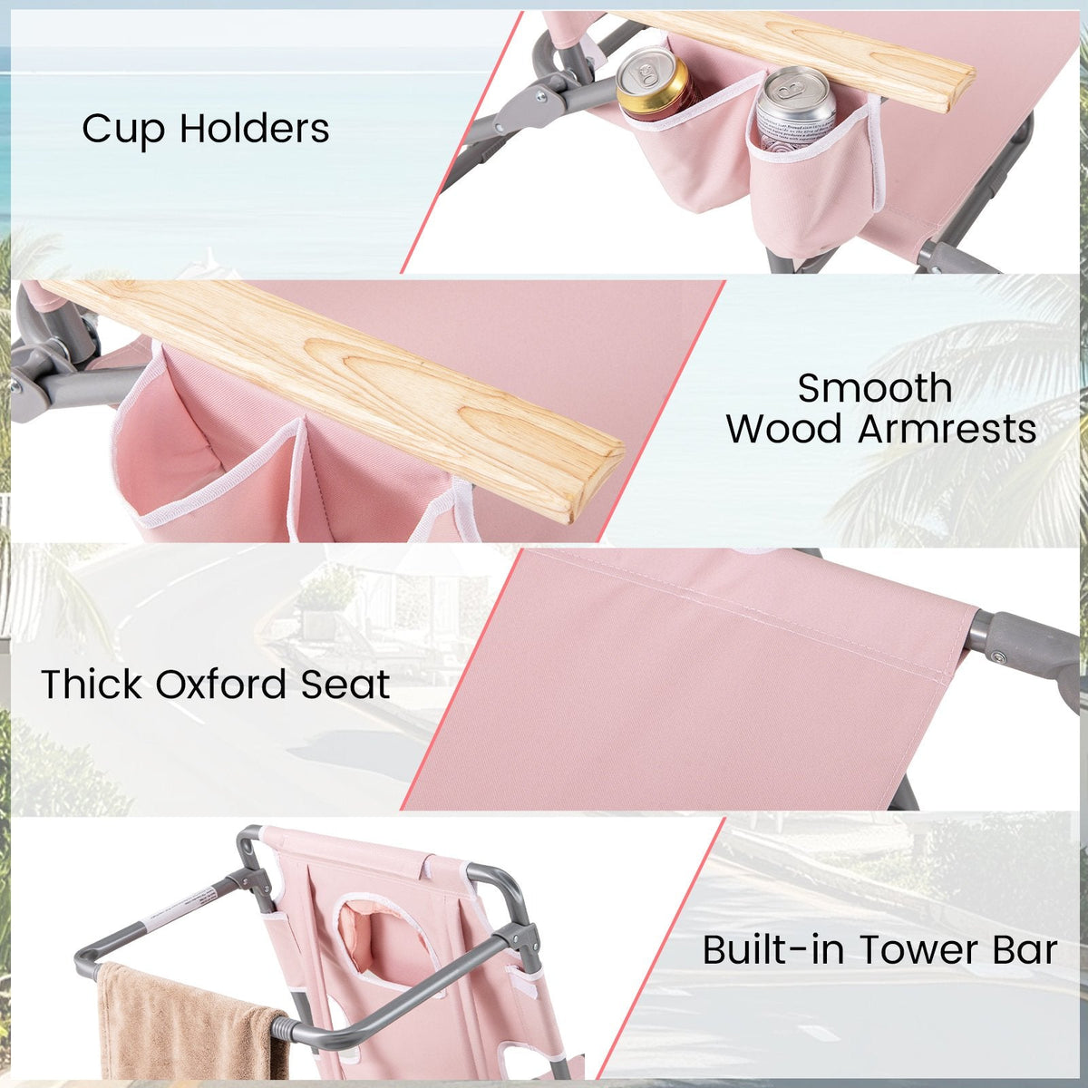 3-IN-1 Foldable Beach Chair with Footrest and Adjustable Backrest-Pink