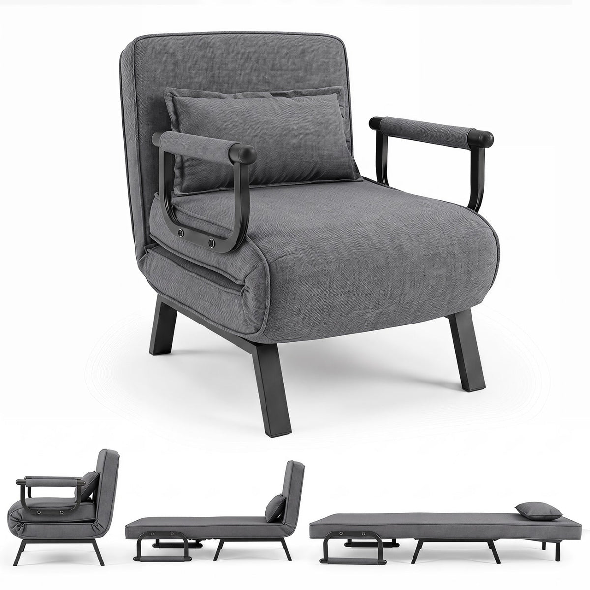 3 in 1 Folding Sofa Bed Chair in Grey, Converts to a Chaise Lounger and a Single Bed, Metal Frame