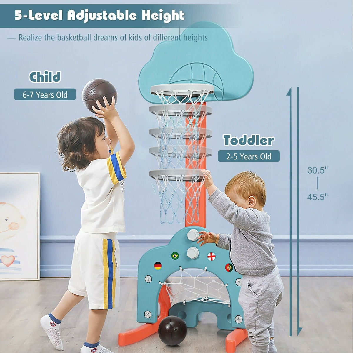 3-in-1 Kids Basketball Hoop Set with Balls-Green